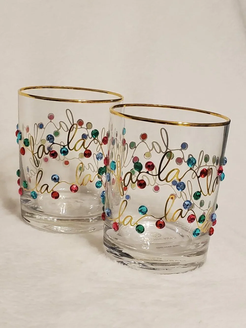 Mary Square Rhinestone Lights Rocks Glass Set -Gold Rim Brand New! Great Gift!
